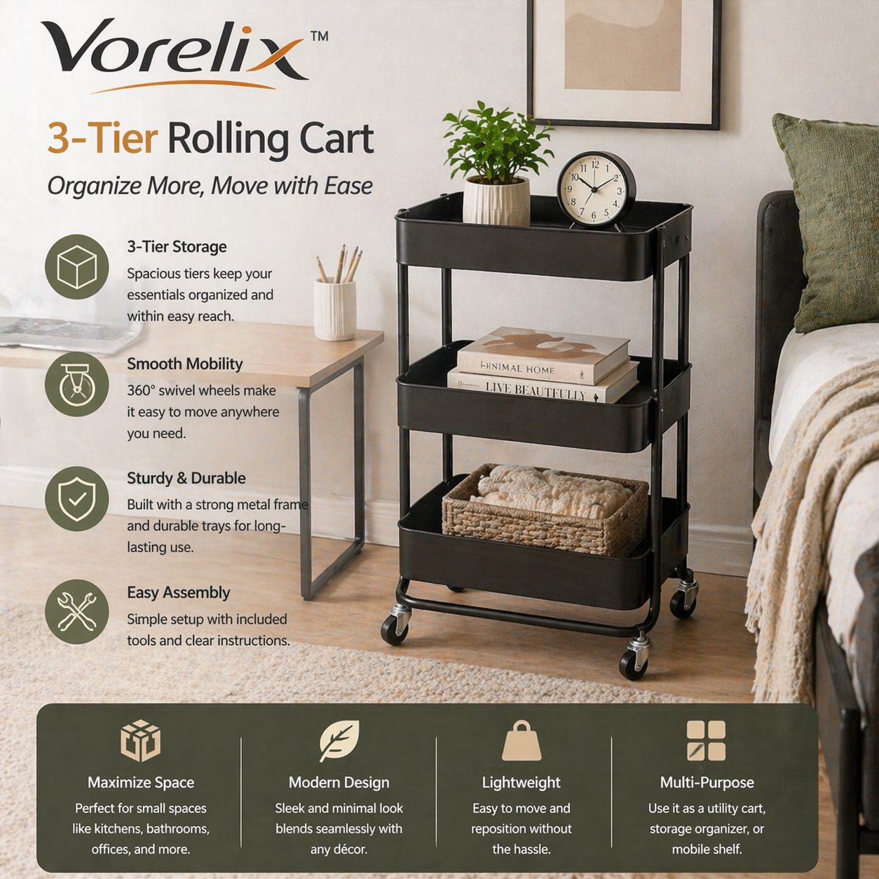 3-Tier Rolling Cart